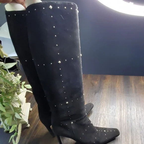 Casadei black silver studded suede tall boots 6 - Picture 3 of 6